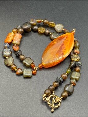 Natural Orange Green Brown Stone Beads Pendant Necklace Toggle Clasp & Earrings